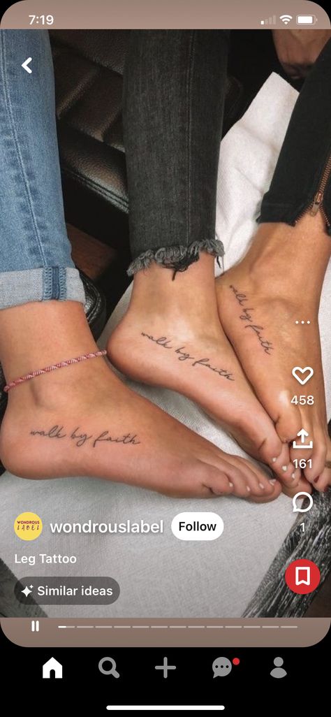 Christian Ankle Tattoos For Women, Walk By Faith Tattoo, Walk By Faith Foot Tattoo, Faith Foot Tattoos, Classy Tattoos For Women, Small Cross Tattoos, Bestie Tattoos, Scripture Tattoos, Small Neck Tattoos