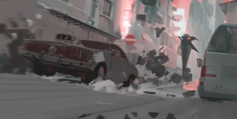 65/365 Chase by snatti89 on DeviantArt Atey Ghailan, Storyboard Drawing, Car Chase, Complex Art, Thumbnail Sketches, Scene Drawing, Scene Art, Landscape Drawings, City Landscape