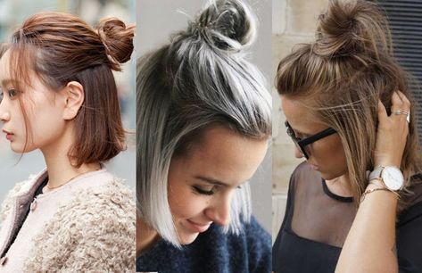 How to Make a Bun with Short Hair: 11 Super Easy Short Hairstyles Bun With Short Hair, Short Hair Top Knot, Bun Easy, Easy Short Hairstyles, Headbands For Short Hair, Short Hair Up, Short Hair Bun, Short Hairstyles For Thick Hair, Different Hair