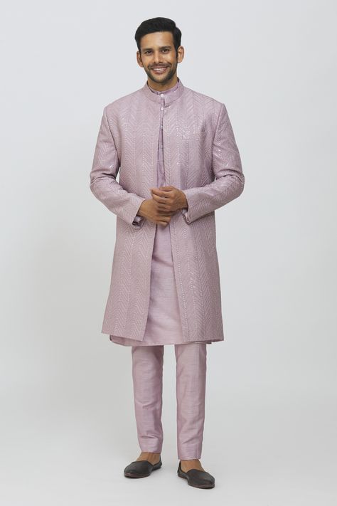 Open Sherwani, Lavender Suit, Engagement Aesthetic, Reception Outfits, Embroidered Sherwani, Sherwani For Men, Mens Kurta Designs, Indo Western Dress, Designer Suits For Men