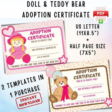 Homeschool Activity, Doll Bear, Handmade Soft Toys, Adoption Certificate, Printable Certificates, Homeschool Activities, New Dolls, Take Care Of Me, Baby Doll