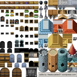 Complete Buildings Tileset for RPG Maker VX Ace | TheStoryteller01 Rpg Maker Vx, Dollhouse Furniture Sets, Wooden Docking Station, Pixel Art Games, Rpg Maker, Map Design, Game Assets, Dollhouse Furniture, Speed Up