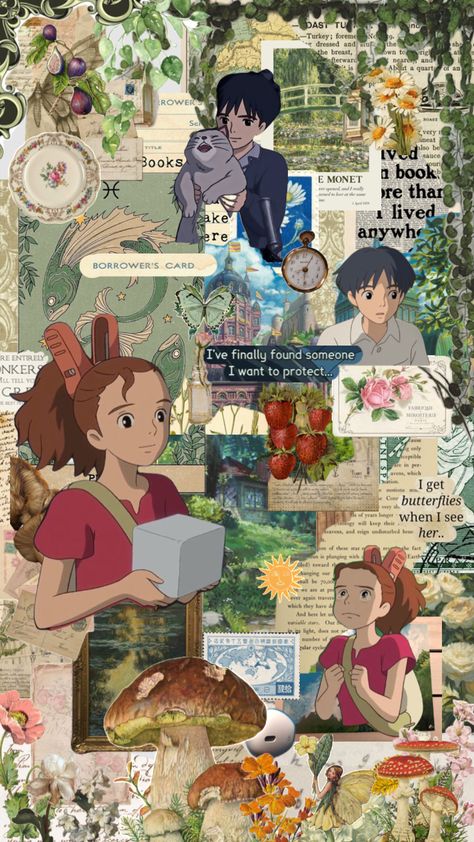 #studioghibli #arrietty #green #wallpaper #aesthetic #moodboards #lightaesthetic #flowers #vintage Studio Ghibli Vintage Wallpaper, Arrietty Ghibli Wallpaper, Studio Ghibli Characters Wallpaper, Arriety Wallpaper Ghibli, Arietty Aesthetic Wallpaper, Arriety Ghibli Aesthetic, Secret Life Of Arrietty Wallpaper, The Secret World Of Arrietty Aesthetic, The Secret World Of Arrietty Wallpaper