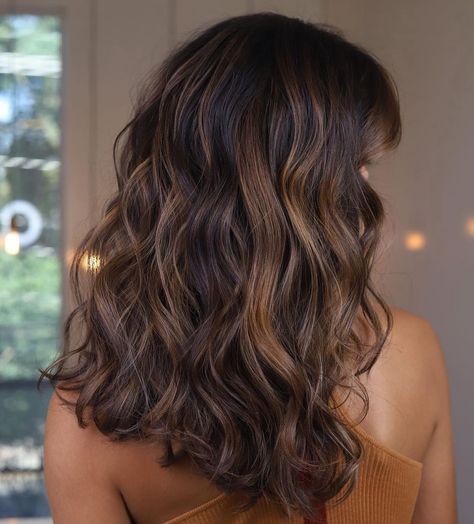 Carnal Balayage Brunettes, Bayalage Dark Hair, Rich Chocolate Hair Color, Dark Brown Hair With Caramel Highlights, Brown Hair Color Shades, Cherry Hair Colors, Natural Brown Hair, Warm Brown Hair, Brown Wavy Hair