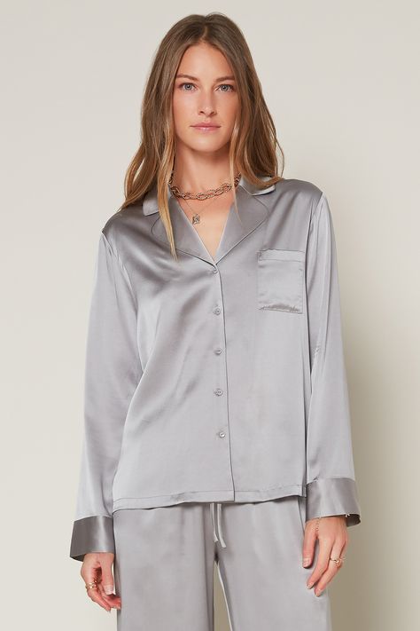 split Lounge meets luxe on this long-sleeve pajama shirt in smooth, lustrous silk. The relaxed fit has classic details: slightly rounded lapels, chest pocket, and buttons down the front. •Notched lapels •Long sleeves •Patch pocket at chest split Item number: 2030919 100% Silk Fancy Pjs, Cute Pajamas For Women, Lazy Clothes, Office Things, Pajama Sets For Women, Cute Pajama, Rich Style, Silk Pajamas Women, Girly Outfit