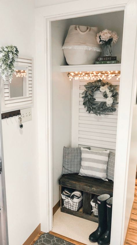 Closet Turned Mudroom, Entry Closet Makeover, Coat Closet Makeover, Small Coat Closet, Small Mudroom Ideas, Rental Friendly, Front Closet, Mudroom Closet, Entry Closet