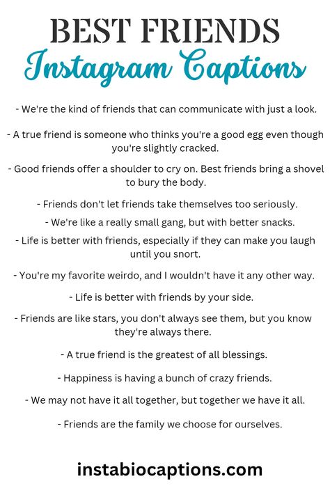 Looking for the perfect Instagram captions to celebrate your friendship? Look no further! Check out our collection of the 100 best friend captions that perfectly sum up the essence of your bond. From heartfelt and funny quotes to sentimental and relatable phrases, these captions will add an extra touch of meaning to your Instagram posts. Get ready to showcase your appreciation for your best friend with these amazing captions! Friendship Bond Captions, Best Friend Captions For Instagram True Friendships, Captions About Friendship, Best Friend Date Captions, Best Friend Engagement Captions, Appreciation Post For Friends, Best Friend Appreciation Post, Friendship Captions Instagram, Friend Appreciation Post