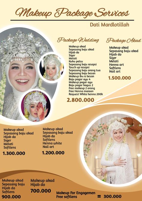 This is a brochure for a wedding package. Ruangan Studio, Makeup Poster, Eyebrow Makeup Tutorial, Wedding Organizer, Media Sosial, Wedding Organization, Elegant Wedding Dress, Nail Arts, Eyebrow Makeup