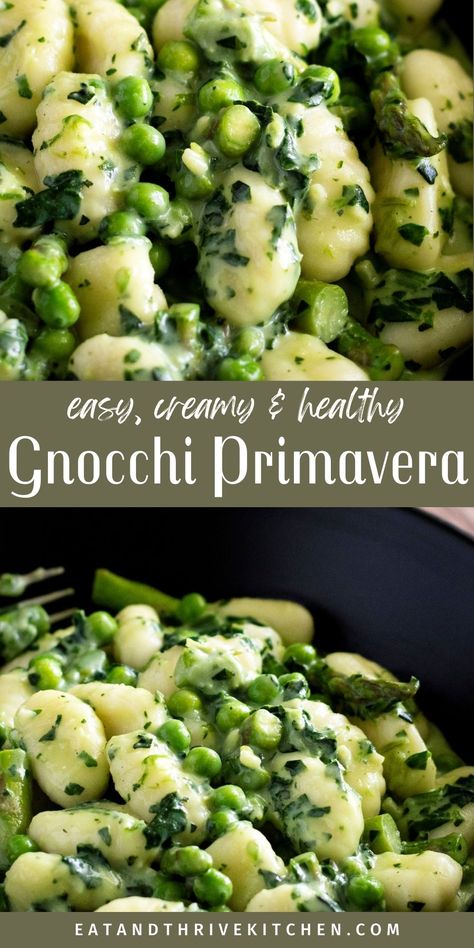 Looking for a healthy, vegetarian dinner recipe that is quick and easy to make?  Check out this simple, vegetarian Gnocchi Primavera recipe with vegetables and a creamy parmesan cheese sauce. This recipe is high protein, vegetarian and cheap! This vegetarian gnocchi with cheesy sauce is super easy and quick to make, and can be on the dinner table in less than an hour! Get the best easy, healthy and creamy Gnocchi Primavera recipe at eatandthrivekitchen.com Mediterranean Diet Gnocchi Recipes, Vegetarian Recipes Gnocchi, Gnocchi Recipes Vegetarian, Simple Gnocchi Recipes, Gnocchi Primavera, Veggie Gnocchi Recipes, Vegan Gnocchi Recipes, Healthy Gnocchi Recipes, Summer Gnocchi