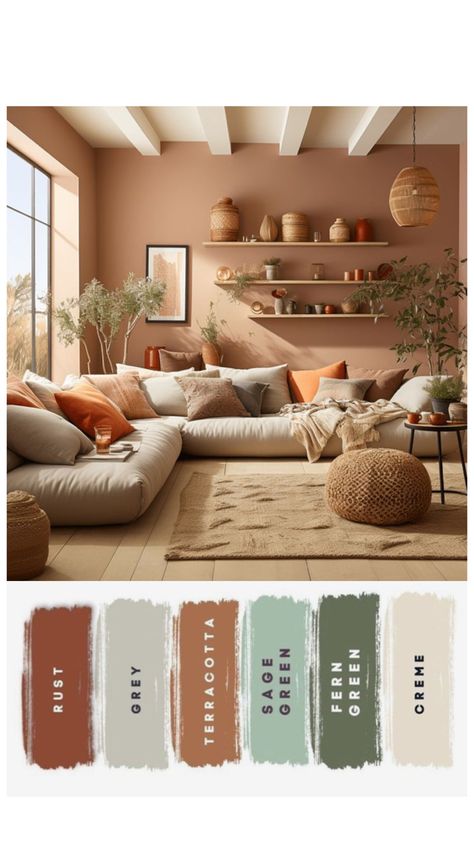 Clay Living Room Paint Colors, Grey Beige Terracotta Living Room, Grey And Rust Color Scheme, Terracotta Cottage Living Room, Southwestern Color Palette Living Room, Earth Tone Wall Paint Colors, Mushroom Wall Color Living Room, Green Orange Brown Color Palette Living Room, Cream Couch Living Room Ideas Colorful