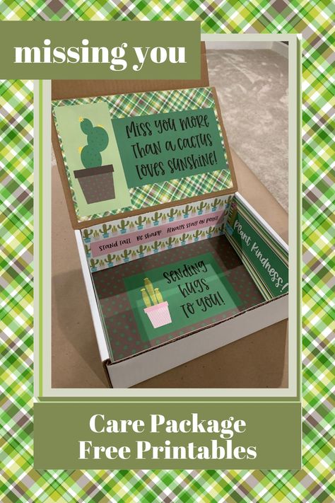 The cute cactus theme care packages are easy to put together with the FREE cactus care package printables. Just print them, cut them, and attach them to the box. The FREE printables have great cactus puns and cactus sayings. You'll also find great cactus care package ideas. There are printables for thank you, get well, congratulations, and missing you. These printables make great care packages for friends, care packages for boyfriends, and care packages for college students. Miss You Care Package, Care Package Printables Free, Care Boxes For Boyfriend, St Patrick’s Day College Care Package, Green Care Package, Study Box Gift Care Packages, Care Packages, Kids Care Package, Care Package Decorating