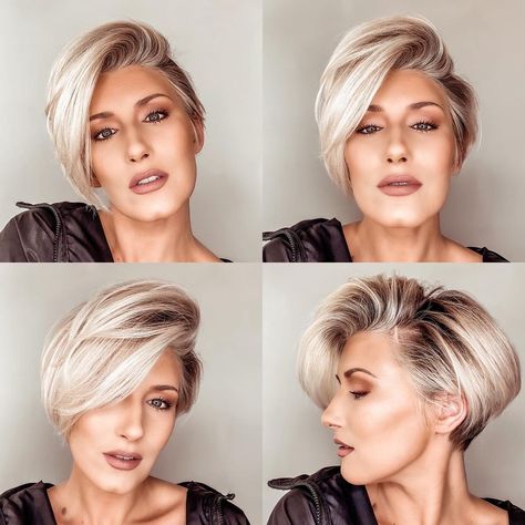 Pixie Bob For Thick Hair, Asymmetrical Pixie Bob, Long Asymmetrical Haircut, Bob For Thick Hair, Asymetrical Haircut, Thick Hair Undercut, Short Asymmetrical Haircut, Asymmetrical Hair, Hair Make Up Ideas