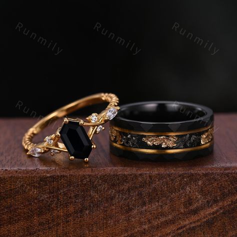 Here we have a PCS Black Onyx Couples Ring Set Yellow Gold Matching Promise Ring His and Hers Wedding Band Mens Meteorite Gold Leaf Ring Natural Black Gem. Moss Agate Ring Set: www.etsy.com/listing/1735933236/vintage-moss-agate-couples-ring-yellow?click_key=20bb454fd03f538422e2ed49dd8afbb93ded48d5%3A1735933236&click_sum=9692b694&ref=shop_home_active_6&pro=1&frs=1 ITEM DESCRIPTION ✦ Handmade, high-quality item! ✦ Material: Sterling Silver/Tungsten ►Sold as a two-piece set ►His ring is Yellow Gold Wedding Rings Sets His And Hers Black, Couples Ring Gold, Matching Promise Rings Gold, Woman Ring Design, Unique Wedding Rings For Him, Wedding Rings Sets His And Hers Gold Couple, Yellow Gold Onyx Ring, Black Wedding Rings Sets Couple, Black And Gold Wedding Rings