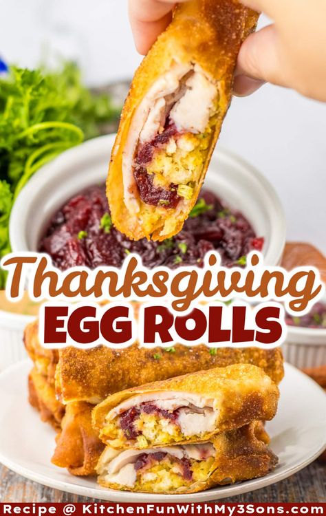 These Thanksgiving Egg Rolls are the perfect way to use leftovers from your Holiday dinner! These crispy rolls are filled with delicious turkey, cranberry sauce, stuffing and mashed potatoes, capturing the beloved flavors of Thanksgiving in a single bite. Thanksgiving Egg Rolls, Work Treats, Thanksgiving Recipes Side Dishes Easy, Turkey Rolls, Egg Roll Filling, Crispy Rolls, Turkey Cranberry, Fall Crockpot Recipes, Thanksgiving Leftover