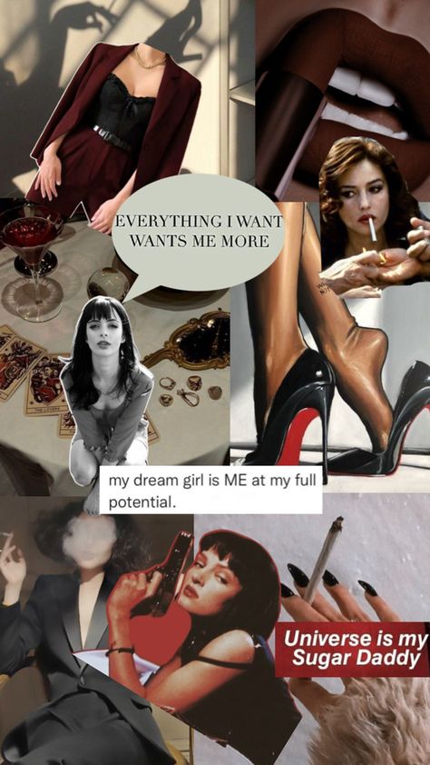 A motivational collage of the femme fatale aesthetic and archetype Motivational Collage, Archetype Aesthetic, Femme Fatale Aesthetic, Functional Wardrobe, Glowing Makeup, Lifestyle, Collage