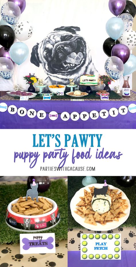 Puppy themed birthday party foods are so much fun! Check out all the great dog themed food ideas the whole family will love at PartiesWithACause.com and elevate your events! #puppyparty #dogparty #dogbirthday #partyfood #letspawty #lowsugarparty Dog Man Party Ideas, Dog Themed Food, Birthday Party Foods, Puppy Party Food, Puppy Themed Birthday Party, Birthday Party Food Ideas, Doggie Birthday, Poodle Party, Dog Themed Birthday Party