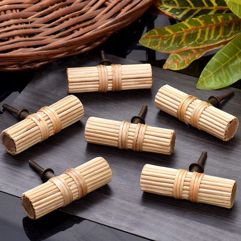 Bamboo Drawer Pulls, Boho Cabinet, Natural Cabinets, Knobs For Dresser, Wood Drawer Knobs, Rattan Cabinet, Bar Drawer, Handmade Knobs, Dresser Redo