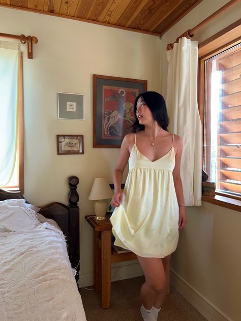 Cottage core vibes Aritzia Outfit, Cottage Core Vibes, Silk Yellow Dress, Lover Dress, Aritzia Dress, Yellow Silk, Fits Clothes, Healthy Girl, Grad Dresses