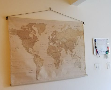 Canvas world map from Hobby Lobby Map Wall Bedroom, Map On Wall, Bedroom Decor Bohemian, Travel Themed Room, World Map Tapestry, Beach Theme Living Room, Living Room Wall Decoration, World Map Decor, Dorm Inspo