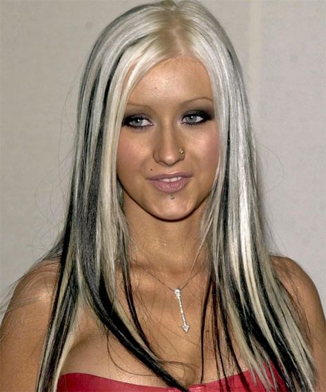 To The Nines: June 2010 Long Choppy Haircuts, Christina Aguilera Hair, Choppy Layered Hairstyles, Black Hair With Blonde Highlights, Blonde Streaks, White Blonde Hair, Black Highlights, Style Pictures, Platinum Hair