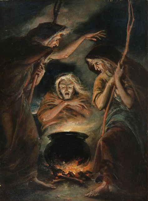 Three Witches, the Weird Sisters – William Edward Frost (1810-1877). – “When shall we meet again?  In thunder, lightening, or in rain?” – says the First Witch (1.1.1-2)  – The Tragedy of Macbeth, William Shakespeare. Macbeth Witches, Witch Painting, Weird Sisters, Three Witches, Vintage Witch, 다크 판타지, Season Of The Witch, Beltane, Witch Art