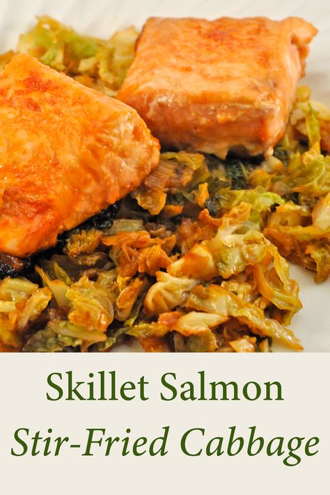 Pan-Fried Salmon, served on a bed of stir-fried Savoy Cabbage, Mushrooms & Leeks. Great served with fragrant Basmati rice #PanFriedSalmon #StirFriedCabbage #StirFriedVegetables Salmon Cabbage Recipes, Salmon And Cabbage, Salmon Stir Fry, Fried Cabbage Recipes, Cabbage Side Dish, Cabbage Stir Fry, Pan Fried Salmon, Seafood Recipes Healthy, Savoy Cabbage