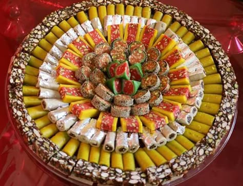 Very nice mathai Mithai Platter, Indian Baby Shower Decorations, Coconut Decoration, Snack Gift Baskets, Plate Decoration, Dessert Presentation, Wedding Gift Pack, Diwali Sweets, Bridal Gift Wrapping Ideas