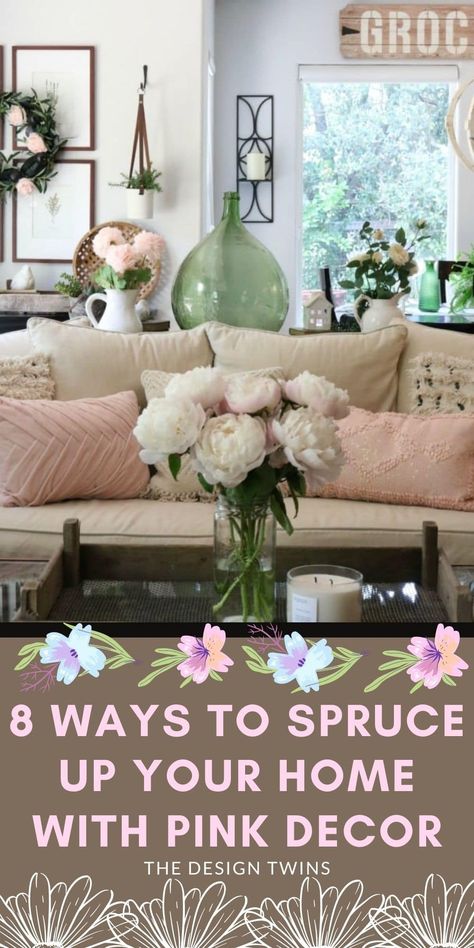 Did someone say pink decor? It's so easy to transform your house or apartment with these eight winning ideas for incorporating this trendy color. Rustic Pink Living Room, Blush Accents Living Room, Decorating With Pink Accents, Blush Pink And Green Living Room, Blush Pink Living Room Decor, Pastel Apartment Living Room, Rooms With Pink Accents, Living Room Pink Accents, Pink And Beige Living Room