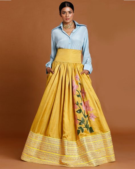 Satin Shirt With Lehenga, Shirt With Lehenga, Corset Lehenga, Yellow Corset, Kurta Lehenga, Latest Designer Dresses, Yellow Lehenga, Embroidered Lehenga, Anarkali Gown