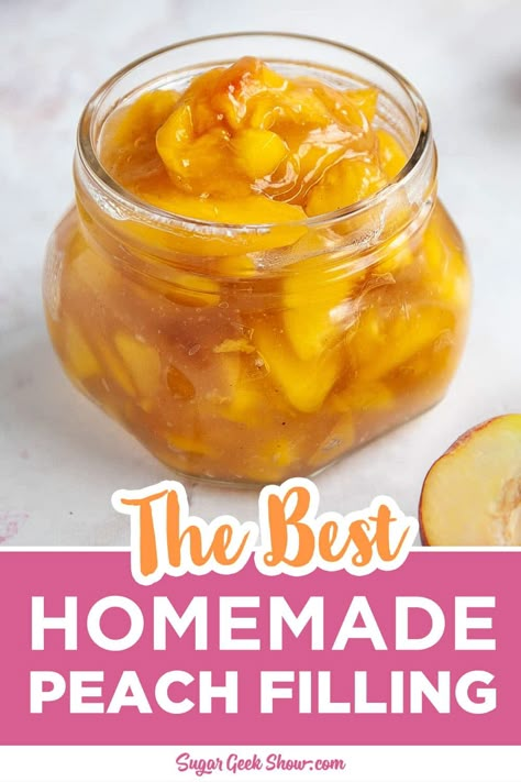 How to make your own homemade peach filling using fresh, frozen, or canned peaches! This peach filling is great for pie, hand pies, cake filling, or fruit topping! Takes less than 10 minutes to make. Peach Filling Recipes For Cake, Peaches And Cream Cake Filling, How To Make Peach Pie Filling From Canned Peaches, Peach Cake Filling Recipes, Peach Filling For Hand Pies, Peach Pie Filling From Frozen Peaches, Peach Filling For Cake, Peach Cake Filling, Canning Peach Pie Filling