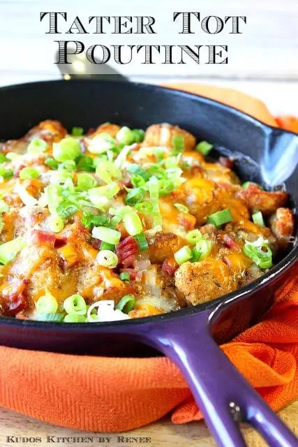 Tater Tot Poutine, Meat Gravy, Easy Tater Tots, Poutine Recipe, Cheese Pull, Tater Tot Recipes, Bacon Dishes, Healthy Vegan Snacks, Cheesy Bacon