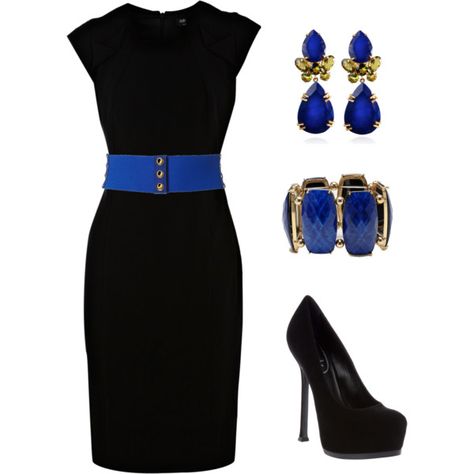 A fashion look from December 2011 featuring Oasis dresses, Yves Saint Laurent pumps and Amrita Singh bracelets. Browse and shop related looks. Black Dress With Blue Accessories, Police Banquet, Dress Transformation, Police Wife Life, Leo Wife, Work Function, Banquet Dress, Police Life, Black And Blue Dress