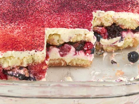 angled shot of the berry chantilly tiramisu in a baking dish with a few slices taken out of it. Whole Foods Cake, Berry Tiramisu, Berry Chantilly Cake, Chantilly Cake, Lady Finger Cookies, July Desserts, Waffle Cookies, Dried Berries, 4th Of July Desserts