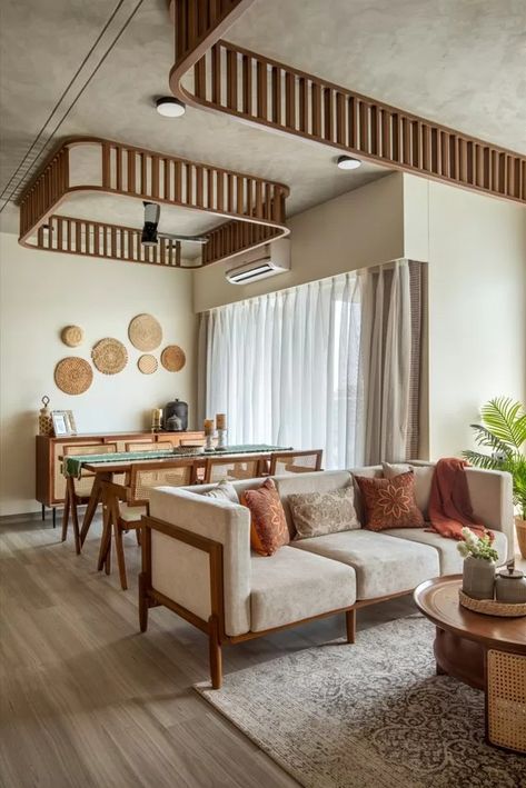 The Interior Apartment Design Achieves A Balance | Foxline Architects & Interiors Drawing Room Wooden Ceiling Design, Dining Area Ceiling Design Modern, Ceiling For Balcony, Interior Apartment Design, Contemporary Ceiling Design, Interior Design Articles, Wooden Ceiling Design, Affordable Sofa, Wooden Ceiling