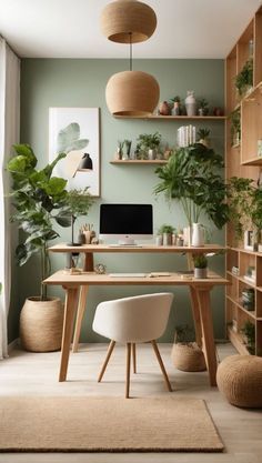 Office Aesthetic Green, Earthy Tones Office, Natural Office Decor, Office Ideas Green, Sage Home Office, Relaxing Office Space Ideas, Earth Tone Office, Natural Office Design, Light Green Office