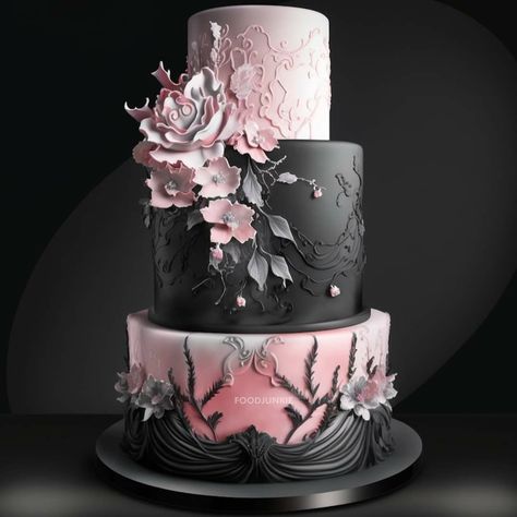 Black And Pink Wedding Theme, Pink And Black Wedding Theme, Pastel Goth Wedding, Pink And Black Wedding Cake, Black And Pink Cake, Black And Pink Wedding, Fall Wedding Desserts, Gothic Birthday Cakes, Skull Wedding Cakes