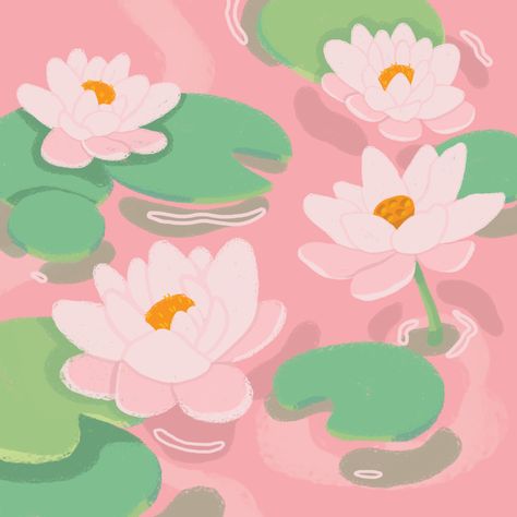 Cute Pond Drawings, Water Lilies Illustration, Lotus Illustration Art, Lotus Illustration Design, Spring Aesthetic Drawing, Lotus Anime, Water Lily Illustration, Water Lily Drawing, Lotus Illustration