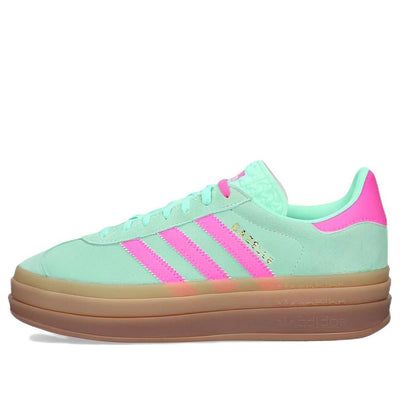 Shoes Wishlist 2024, Colorful Platform Shoes, Gazzeleadidas Shoes, Pink And Green Adidas, Cute Running Shoes, Adidas Gazelles, Stripes Branding, Adidas Gazelle Bold, Colored Shoes