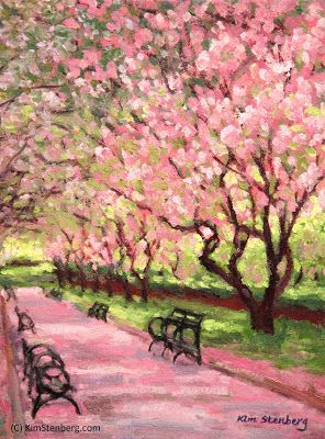 Kim Stenberg's Painting Journal: "Central Park Spring" (oil on stretched canvas Central Park Spring, Painting Journal, Park Painting, New York City Central Park, Tree Tunnel, Cherry Blossom Painting, Impressionistic Art, Monet Paintings, Spring Painting