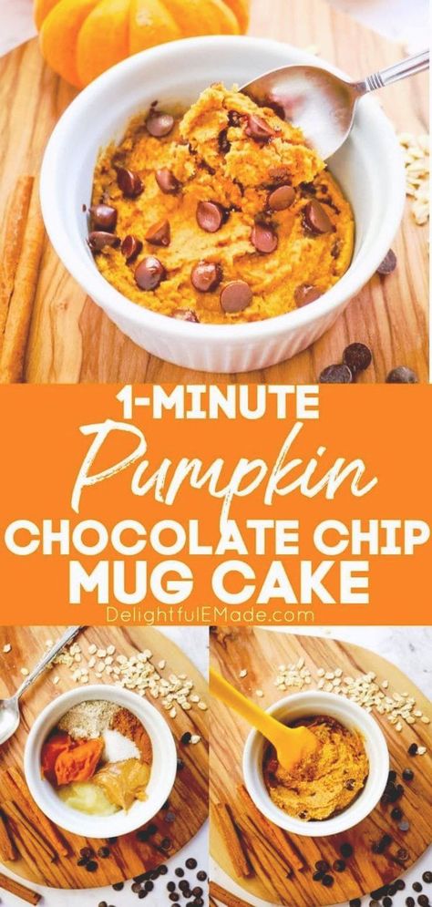 Looking for a quick and healthy mug cake recipe that you can make in the microwave? Look no further, this Pumpkin Mug Cake with Chocolate Chips will be your new favorite guilt-free snack! No oil, no eggs, and no refined sugar, this treat is a pumpkin chocolate dream! || Delightful E Made Healthy Mug Cake, Pumpkin Mug Cake, Cake With Chocolate Chips, Microwave Recipe, Pumpkin Spice Drinks, Chocolate Chip Mug Cake, Mug Cake Healthy, Chip Mug, Peanut Butter Banana Muffins