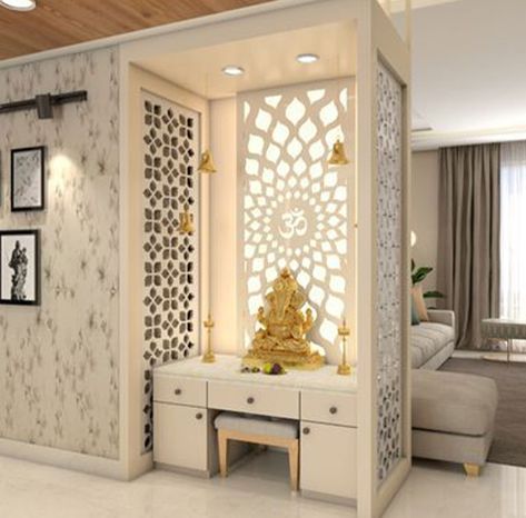 Temple Design In Dining Room, New Style Mandir Design, Temple Design For Home With Sitting, Hall Pooja Room Design, Puja Place In Living Room, Mandir Ghar Design, Designs Of Mandir At Home, Temple Living Room, Kitchen And Pooja Room Ideas