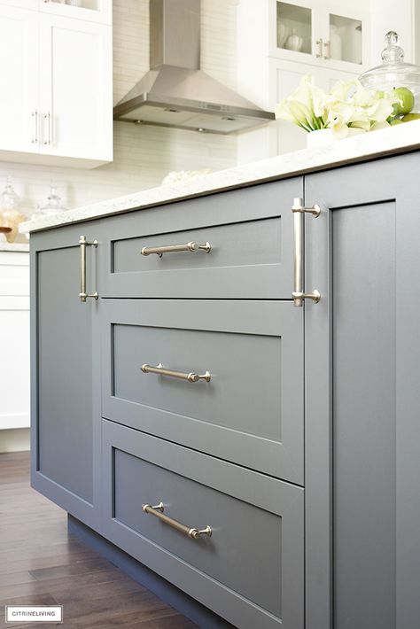 Grey Cabinet Hardware, Nickel Hardware Kitchen, Cabinet Hardware Ideas, White And Grey Kitchen, Silver Cabinet Hardware, Grey Cupboards, Light Grey Kitchen Cabinets, Hamptons Kitchen, Light Grey Kitchens