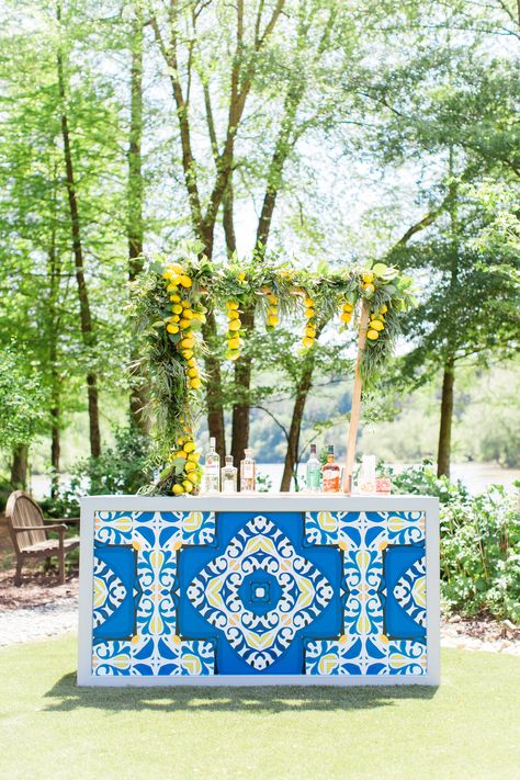 Lemons And Blue Decor, Mediterranean Event Decor, Amalfi Backdrop, Sicilian Decor, Talavera Wedding, Yellow Wedding Theme, Italian Theme, Yellow Party, Event Bar