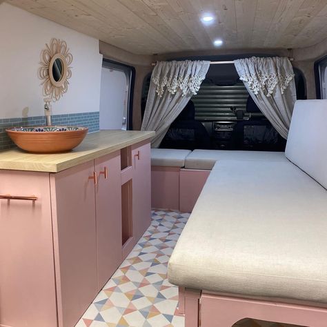 Pink Camper Van Interior, Pink Van Life, Girly Camper, Vauxhall Vivaro Camper, Micro Campers, Van Remodel, Micro Living, Van Builds, Minivan Camper