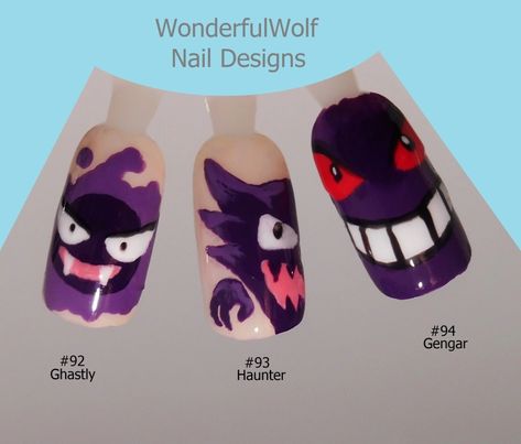 Pokemon Nails Gengar, Gengar Nail Art, Gengar Nails, Pokemon Nail Art, Pokemon Nails, Art Pokémon, Mini Canvases, Pokemon Theme, Kawaii Nails