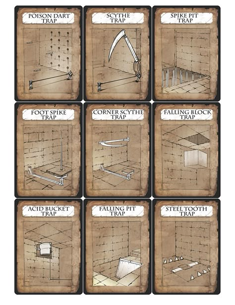 Trap cards to spring on your players ! Dnd Traps, Dungeon Traps, Dm Resources, Dm Tools, Dm Ideas, Dnd Dm, Trap Cards, Puzzle Ideas, Dungeon Master's Guide