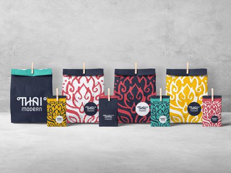 Thai Modern Takeaway Thai Food Packaging Design, Thai Graphic Design, Thai Modern, Thai Cafe, Paper Bag Design, Thai Design, Thai Pattern, Restaurant Branding Design, Modern Packaging