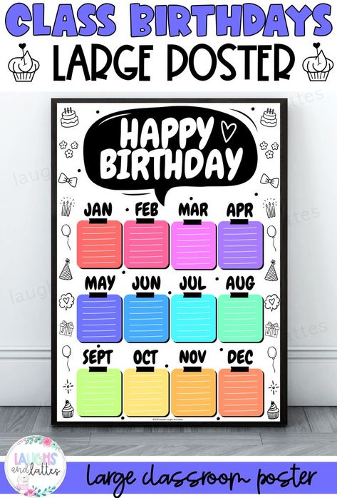 Celebrate and showcase your student's birthdays on this CLASS BIRTHDAY POSTER! Print it out, laminate it and use a dry erase marker to write out each student's birthday under their month. It is so important to celebrate your students in any way you can. Have this poster posted in your room to keep track of birthdays and allow students to see which birthday's are coming up :). Student birthdays appreciate classroom poster happy birthday inclusive welcoming environment positve months days special Birthday Charts For School, Happy Birthday Chart, Birthday Chart Classroom, Happy Birthday Month, Happy Birthday Jan, Printable Classroom Posters, School Art Activities, Class Birthdays, Student Birthdays