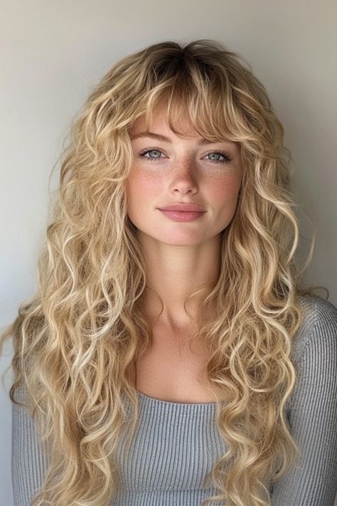 Haircuts For Blonde Curly Hair, Beach Waves Bangs, Long Curly Blonde Hairstyles, Long Curly Hair Bangs Fringes, Perm Hair With Bangs, Wavy Hair With Bangs Blonde, Curly Blonde Lob, Shaggy Bangs Curly Hair, Pin Curl Perm Medium Hair