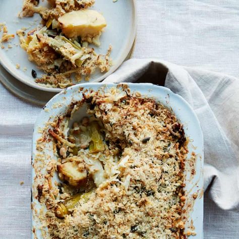 Anna Jones’ creamy parsnip, leek and white bean crumble. Savoury Crumble, Bacon And Mushroom, Parsnip Recipes, Roasted Parsnips, Anna Jones, Vegetarian Italian, Vegan Parmesan, Food Channel, Toasted Sesame Seeds